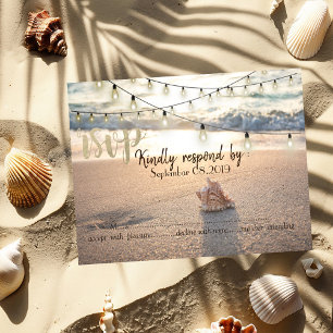 Beach Wedding,String Lights Seashell RSVP Invitation