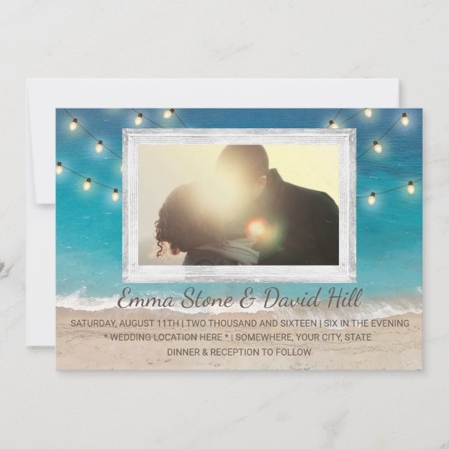Beach Wedding String Lights with Photo Invitation (Front)