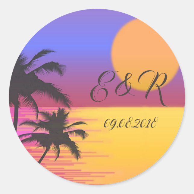 Beach  Wedding Sunset Classic Round Sticker (Front)