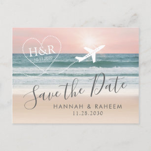 Beach Wedding Sunset Heart Aeroplane Save the Date Announcement Postcard