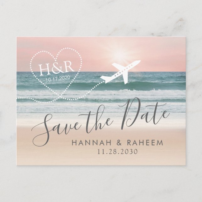 Beach Wedding Sunset Heart Aeroplane Save the Date Announcement Postcard (Front)