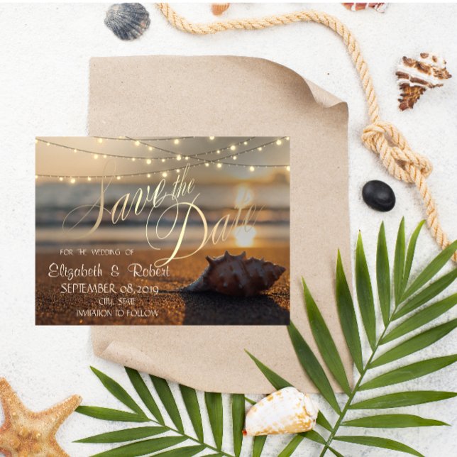 Beach Wedding Sunset Seashell Lights Save The Date (Creator Uploaded)