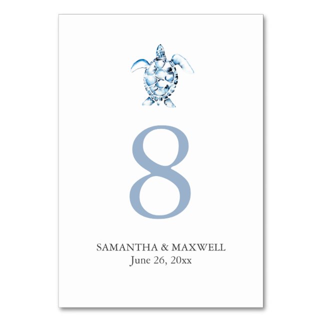 Beach Wedding Table Number Cards Sea Turtle (Front)