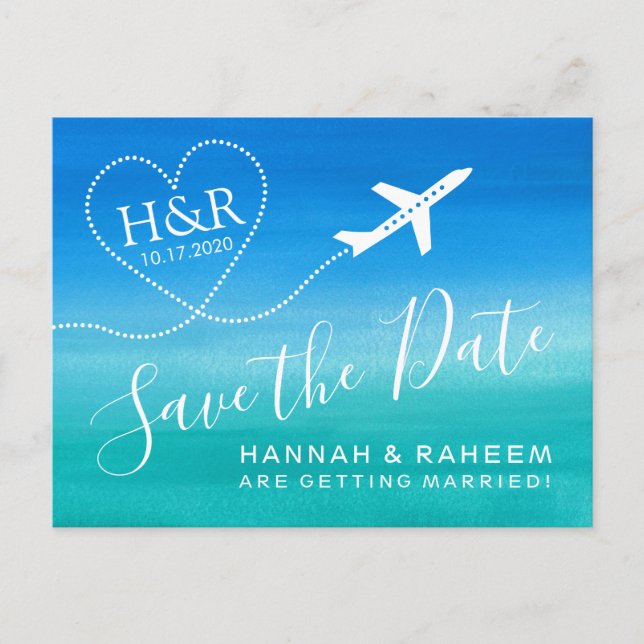 Beach Wedding Teal Blue Ombre Save the Date Announcement Postcard (Front)