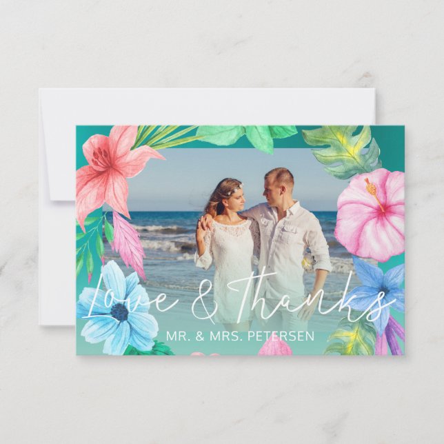 Beach wedding teal blue tropical PHOTO thank you (Front)