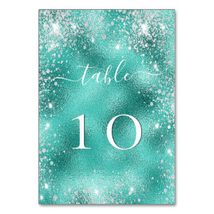 Beach wedding teal sea green glitter metallic table number