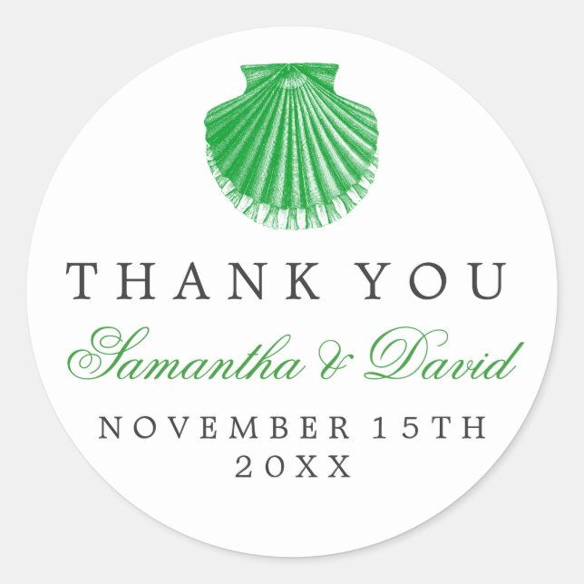 Beach Wedding Thank You Scallop Shell Green Classic Round Sticker (Front)