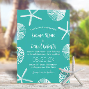 Beach Wedding Tropical Seashells Modern Turquoise Invitation