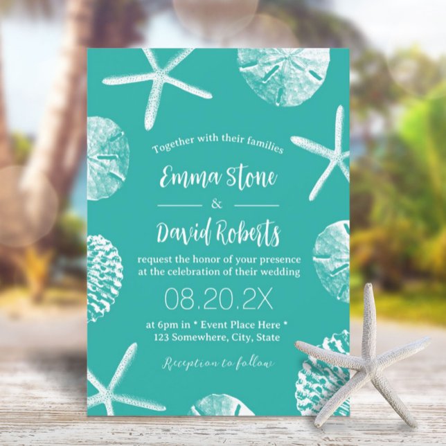 Beach Wedding Tropical Seashells Modern Turquoise Invitation (Creator Uploaded)
