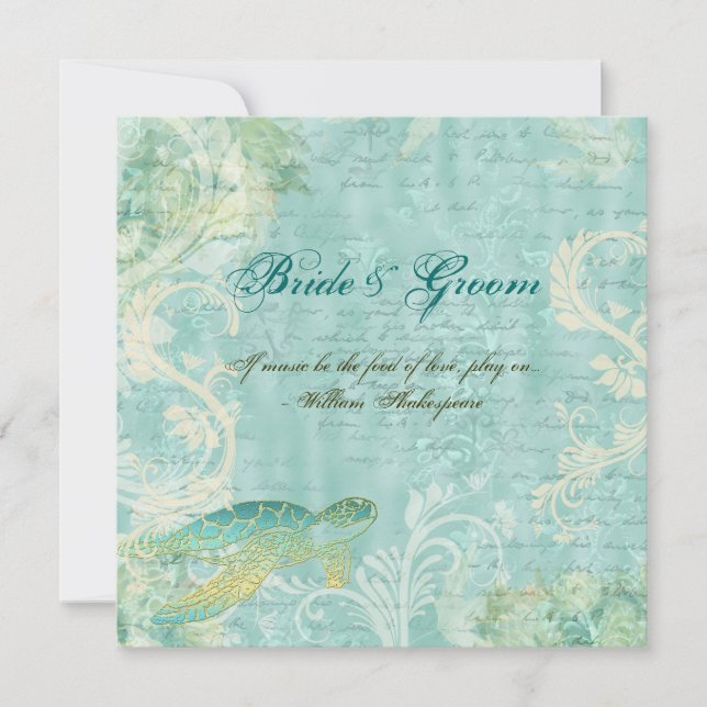 Beach wedding turtle swirl engagement invitation (Front)
