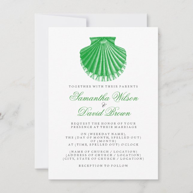 Beach Wedding Vintage Scallop Shell Green Invitation (Front)