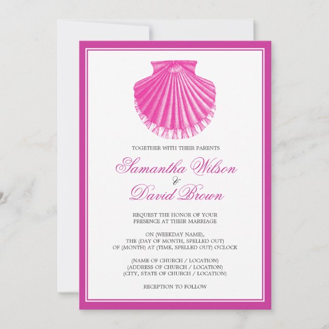 Beach Wedding Vintage Scallop Shell Pink Invitation (Front)