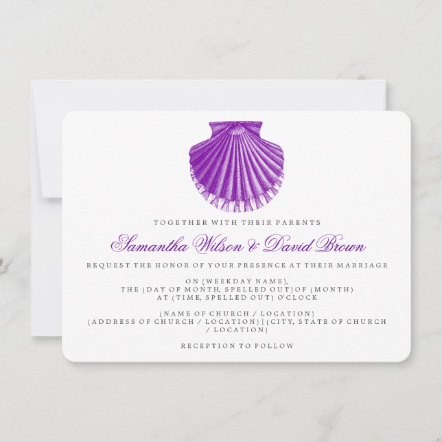 Beach Wedding Vintage Scallop Shell Purple Invitation (Front)