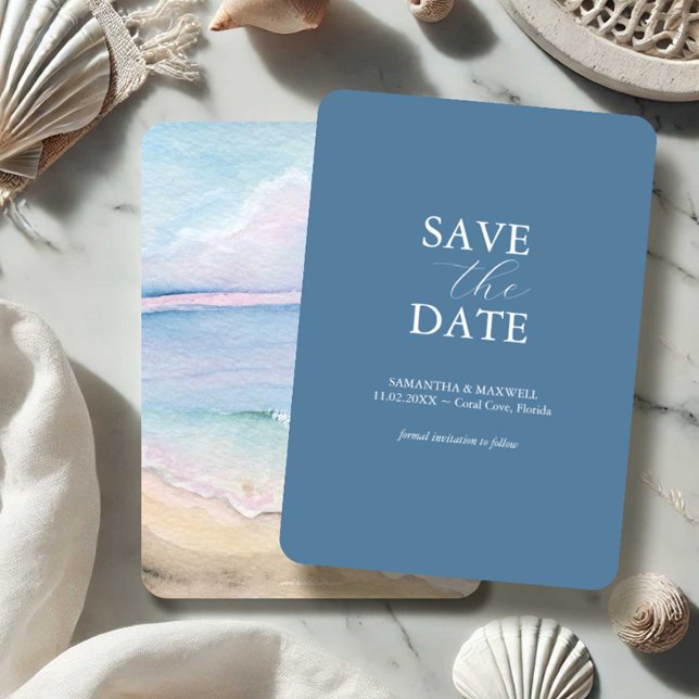 Beach Wedding Watercolor Save The Dates Date (beach wedding save the dates watercolor ocean art by Victoria Grigaliunas of Do Tell A Belle)