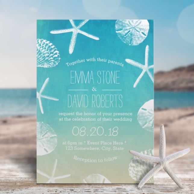 Beach Wedding Watercolor Starfish & Seashells Invitation
