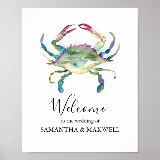 Beach Wedding Welcome Sign Watercolor Crab (Front)
