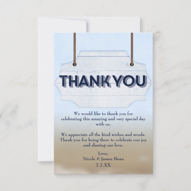 Beach Wedding White Wood Sign Thank you card (Front)