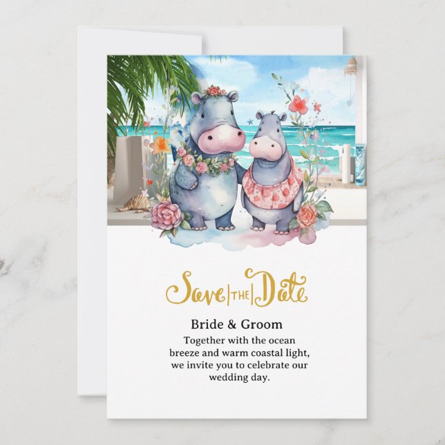  Beach Wedding with Hippo Couple  Invitation (Front)