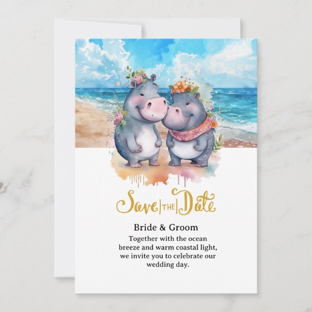  Beach Wedding with Hippo Couple  Invitation (Front)