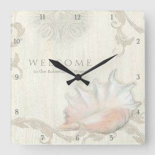 Beach Welcome Guest Decor Wooden Conch Shell Art Square Wall Clock