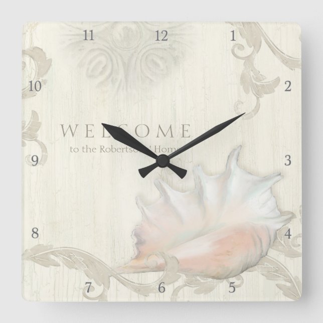 Beach Welcome Guest Decor Wooden Conch Shell Art Square Wall Clock (Front)