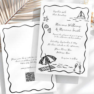 Beach Whimsical Black Hand Drawn QR RSVP Wedding Invitation