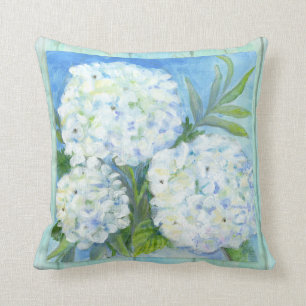 Beach White Hydrangea Floral Painterly Driftwood Cushion