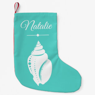 Beach White Seashell  Ocean Green & Name Small Christmas Stocking
