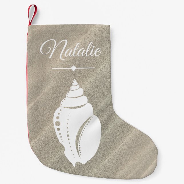Beach White Seashell Sand Dunes & Name Small Christmas Stocking (Front)