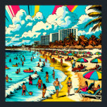 Beach with a Comic Book Pop Art Vibe Poster<br><div class="desc">Pop art comic book style beachy summer art with a vintage vibes, Art depicts people having fun on the beach shoreline with hotels and and apartments buildings in the background,  pretty palm trees,  colourful umbrellas and a gorgeous blue cloudy sky.</div>