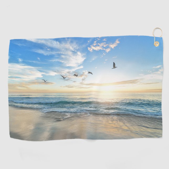 Beach with birds flying over the water Towels (Horizontal)