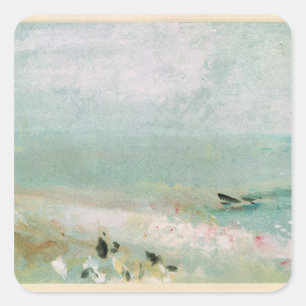 Beach with figures and a jetty. c.1830 square sticker