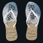Beach With Hearts In Sand Bride Wedding Flip Flops<br><div class="desc">Love is in the air! Get these great flip flops for yourself or they make a great gift as well. They have the word "Bride" going down them in a script font. There's a beach scene with hand drawn hearts in the sand. Personalise with your and your husband. Yo0u can...</div>