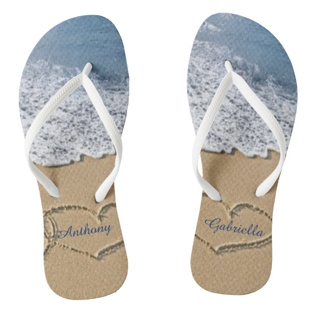 Beach With Hearts In Sand Personalised Flip Flops (Footbed)