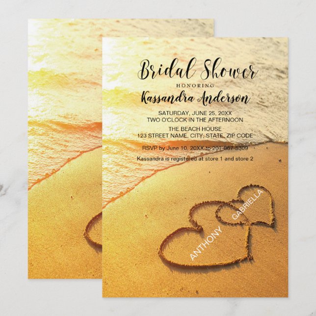 Beach With Hearts In The Sand Bridal Shower Invitation (Front/Back)