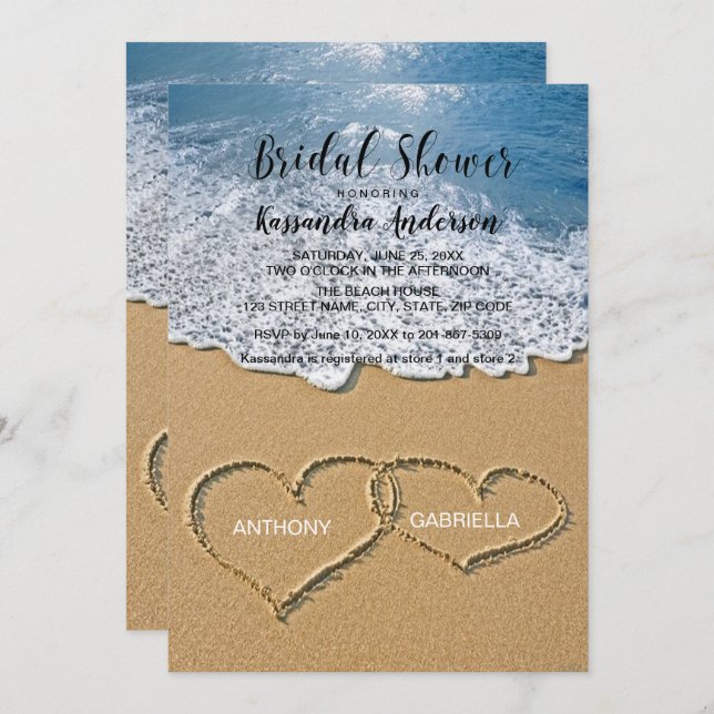 Beach With Hearts In The Sand Bridal Shower Invitation (Front/Back)