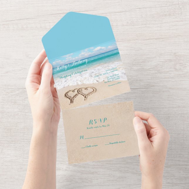 Beach with Hearts on the Sand Wedding All In One Invitation (Tearaway)