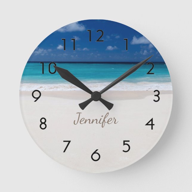Beach with Name Round Clock (Front)