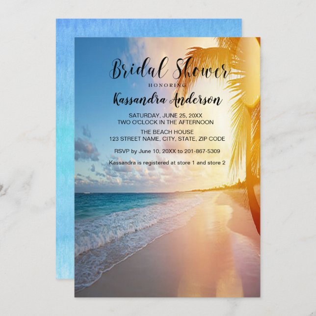 Beach With Palm Tree Sunset Bridal Shower Invitation (Front/Back)