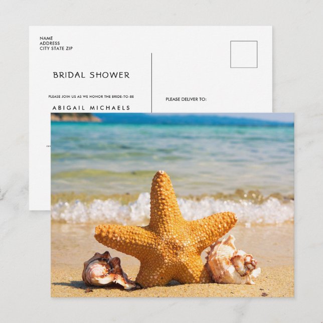 Beach with Starfish and Seashells Bridal Shower Invitation Postcard (Front/Back)