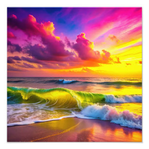 Beach with Yellow and Pink Ocean Waves Vibrant Photo Print