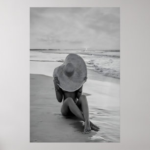 Beach Woman Photography Print, Black and White Poster