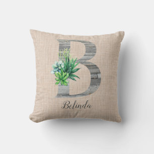 Beach Wood Letter B & Succulents Personalised Cushion