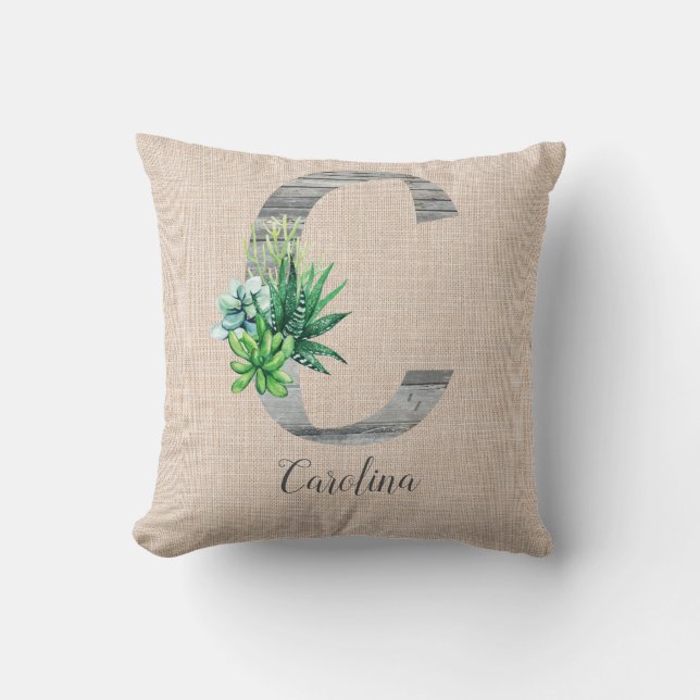 Beach Wood Letter C  & Succulents Personalised  Cushion (Front)
