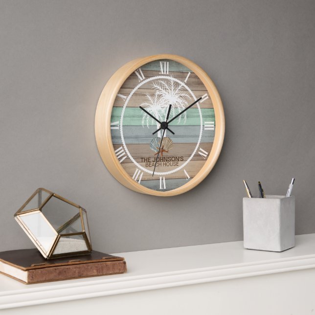 Beach Wood Nautical  Design with Palm Trees Clock (Office)
