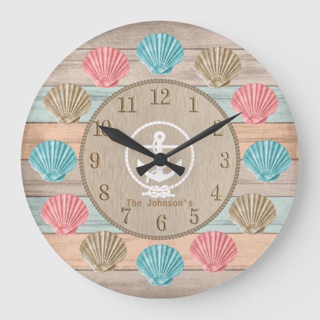 Beach Wood Nautical Seashells & Anchor  Large Clock (Front)