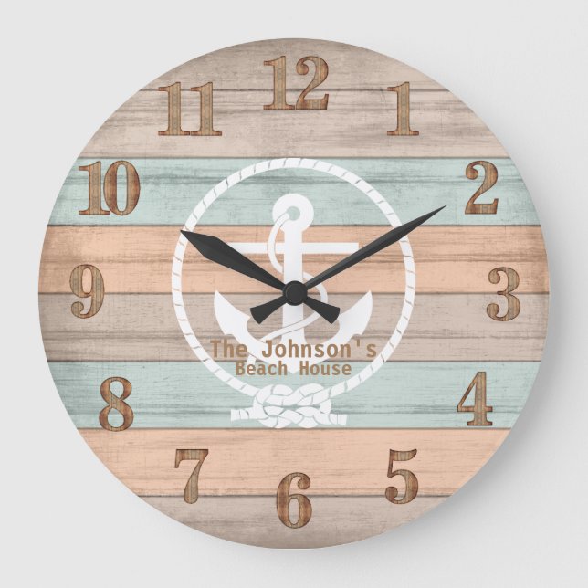 Beach Wood Nautical Stripes & Anchor Large Clock (Front)