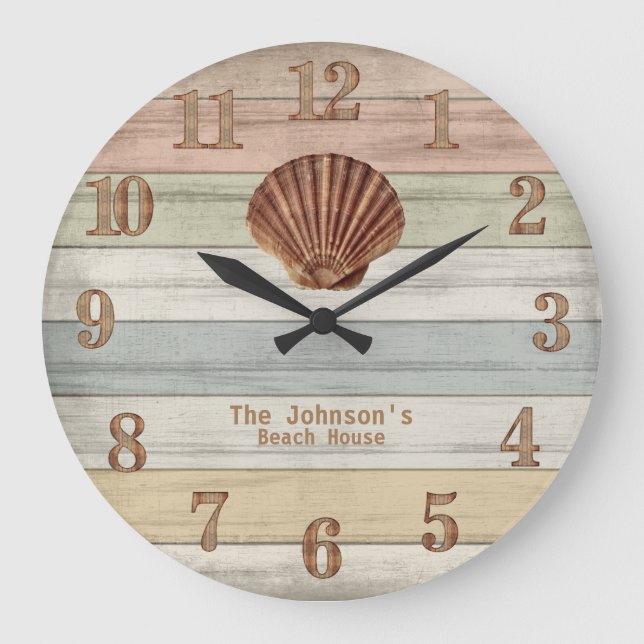 Beach Wood Nautical Stripes & Seashell Large Clock (Front)