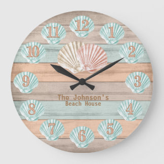 Beach Wood Nautical Stripes & Shells Large Clock