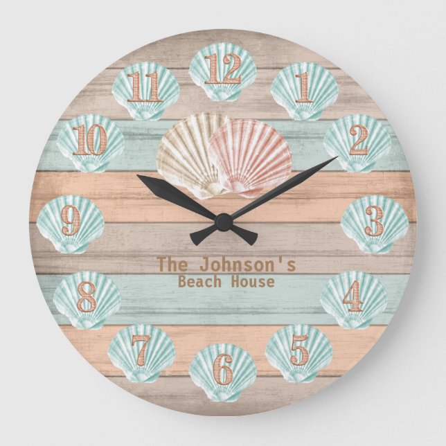 Beach Wood Nautical Stripes & Shells Large Clock (Front)